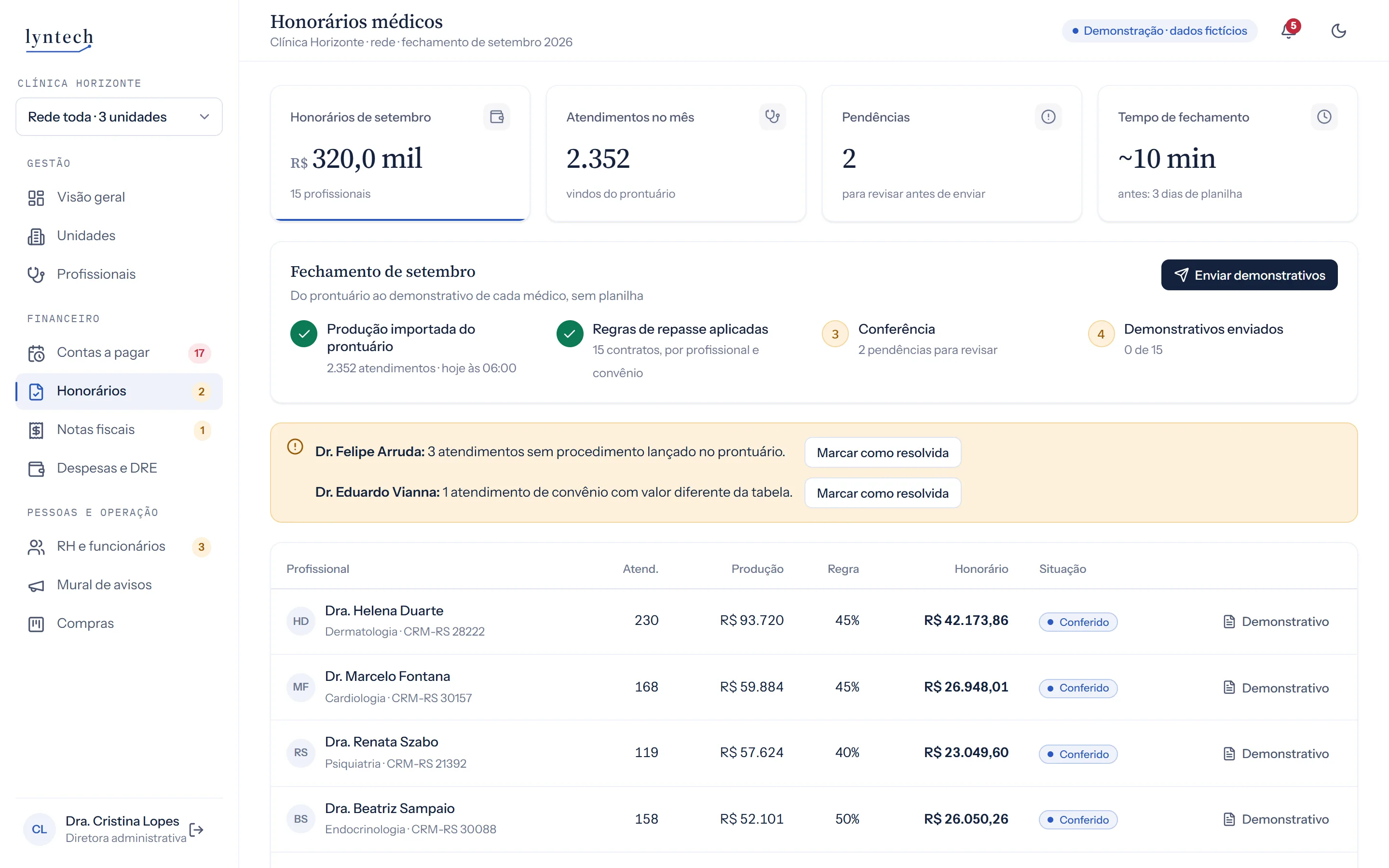 Fechamento de honorários em quatro passos, com as pendências destacadas.